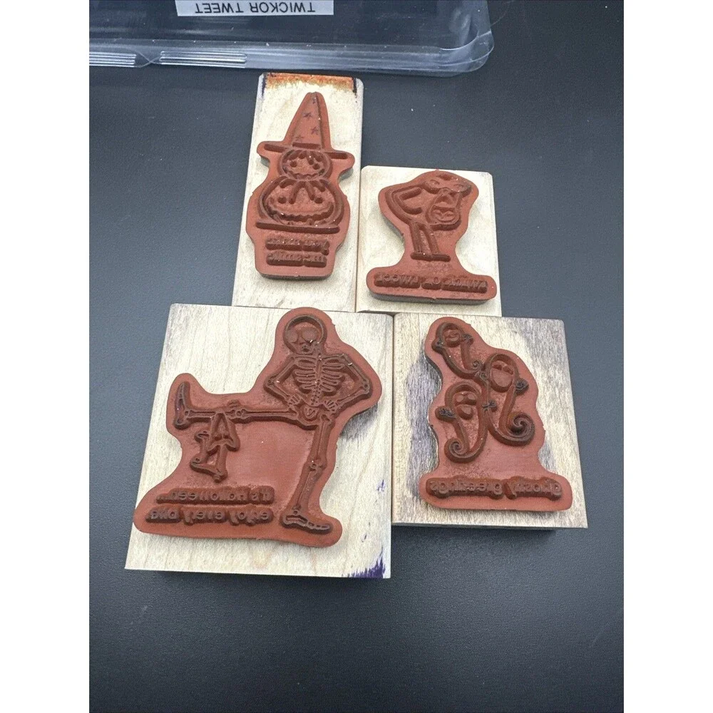 Stampin Up Twick Or Tweet Set Of  4 Wood Stamps skeleton ghosts pumpkin bird